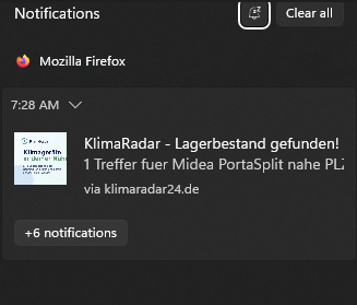 Browser-Push-Benachrichtigung von KlimaRadar zur verfuegbaren Midea PortaSplit.
