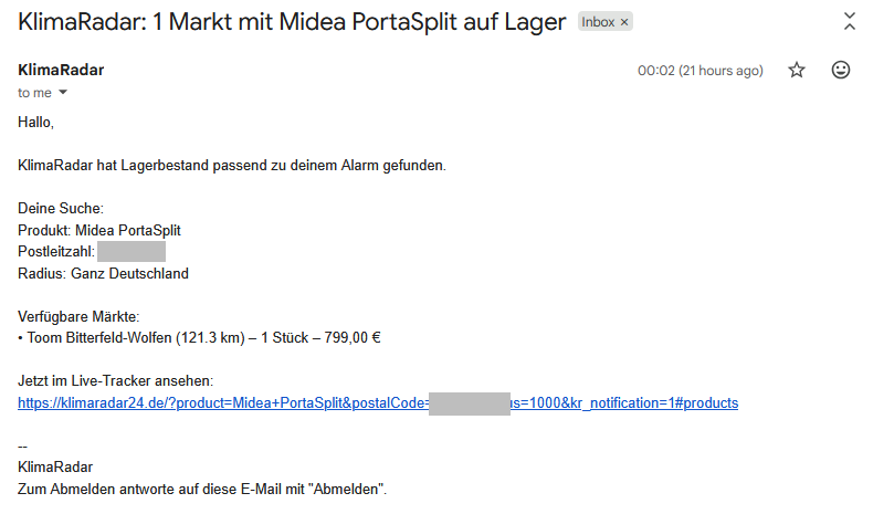 E-Mail-Lageralarm von KlimaRadar: eine Midea PortaSplit bei Toom Bitterfeld-Wolfen gefunden, mit Bestand und Preis.