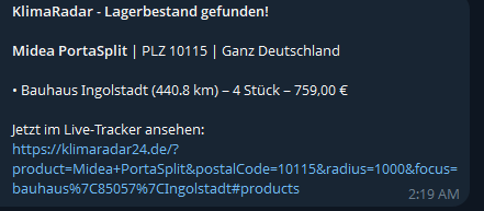 Beispiel eines KlimaRadar Telegram-Alarms mit Händler, Ort, Bestand und Preis
